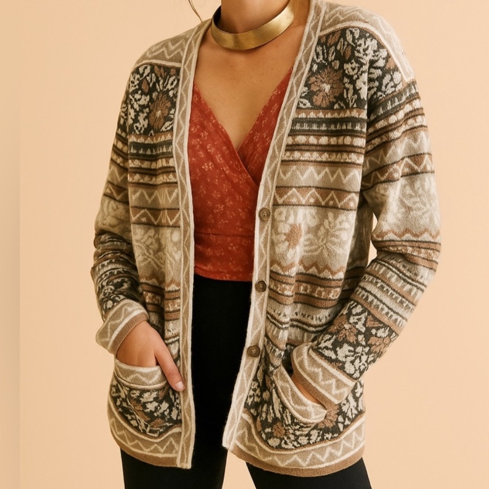Vintage Petite Sophisticate Ramie Cotton Cardigan Button Knit Fair Isle Sweater